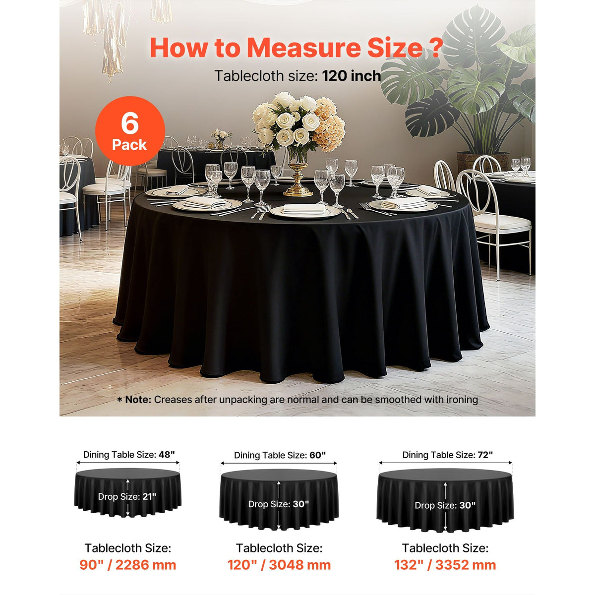 Black Round Tablecloths 6 Pack, 120 Inches in Diameter, Stain- & Wrinkle- Resistant, Machine Washable Table Clothes, Polyester Fabric Table Covers for Wedding, Party, Banquet, Formal Events