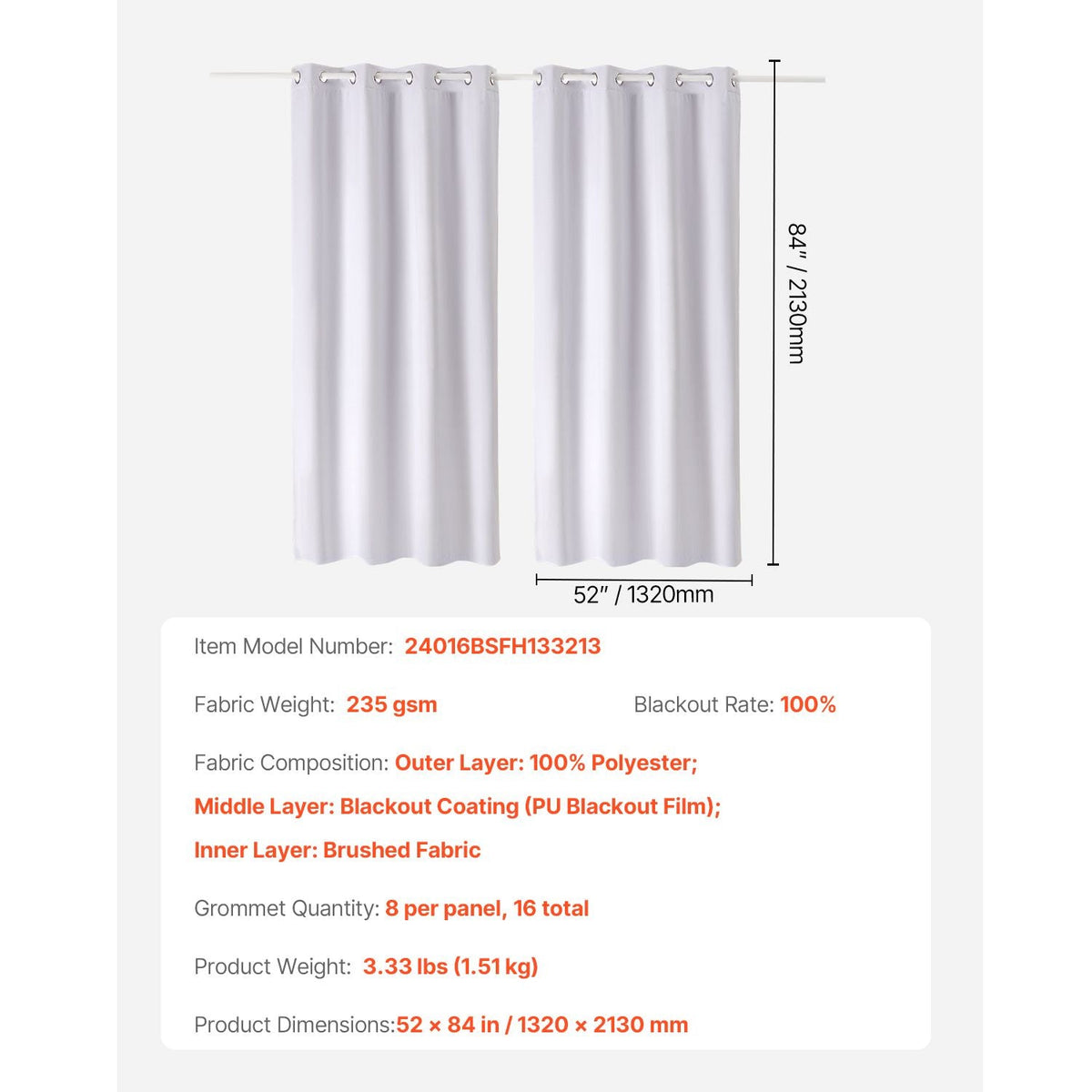 Blackout Curtains, 84 Inch Length 2 Panels Set, 52 Inch Wide Each, Thermal Insulated 100% Blackout Light Blocking Drapes, 3-Layer, with Grommets, Curtains for Bedroom Living Room Window, White