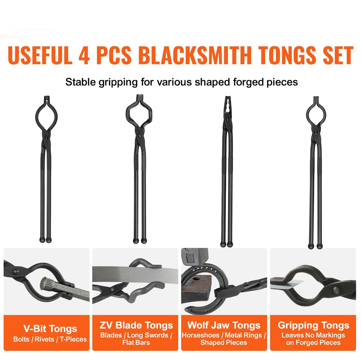 Blacksmith Tongs, 18' 4 PCS, V-Bit Bolt Tongs, Wolf Jaw Tongs, Z V-Bit Tongs and Gripping Tongs, Carbon Steel Forge Tongs with A3 Steel Rivets, for Beginner and Seasoned Blacksmiths, Bladesmiths
