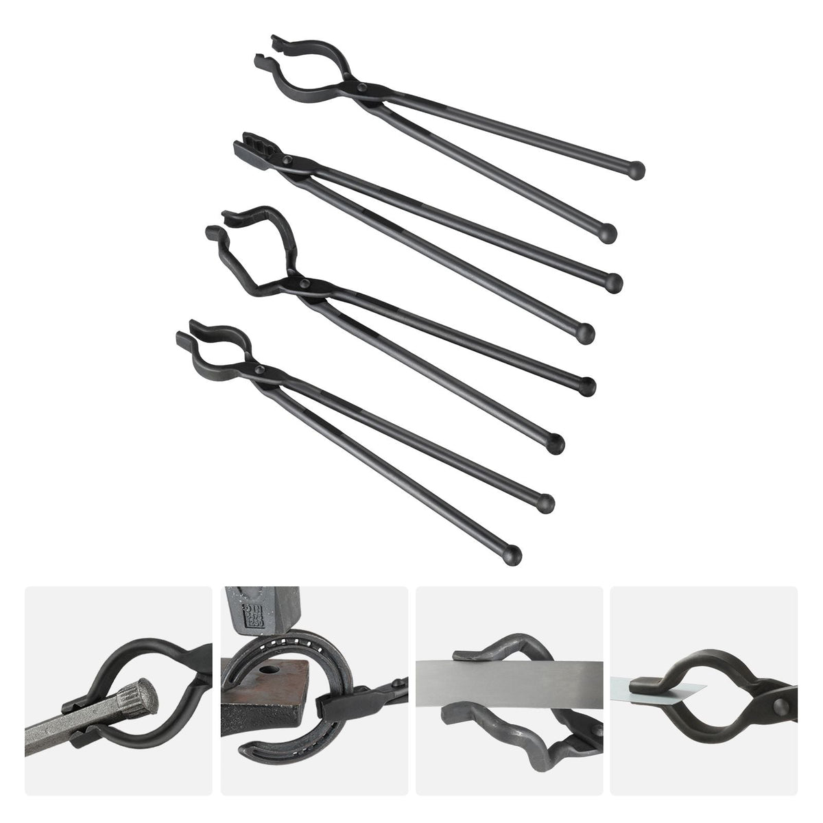 Blacksmith Tongs, 18' 4 PCS, V-Bit Bolt Tongs, Wolf Jaw Tongs, Z V-Bit Tongs and Gripping Tongs, Carbon Steel Forge Tongs with A3 Steel Rivets, for Beginner and Seasoned Blacksmiths, Bladesmiths