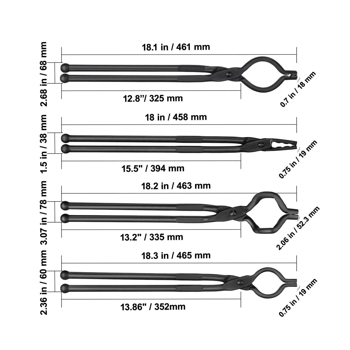 Blacksmith Tongs, 18' 4 PCS, V-Bit Bolt Tongs, Wolf Jaw Tongs, Z V-Bit Tongs and Gripping Tongs, Carbon Steel Forge Tongs with A3 Steel Rivets, for Beginner and Seasoned Blacksmiths, Bladesmiths