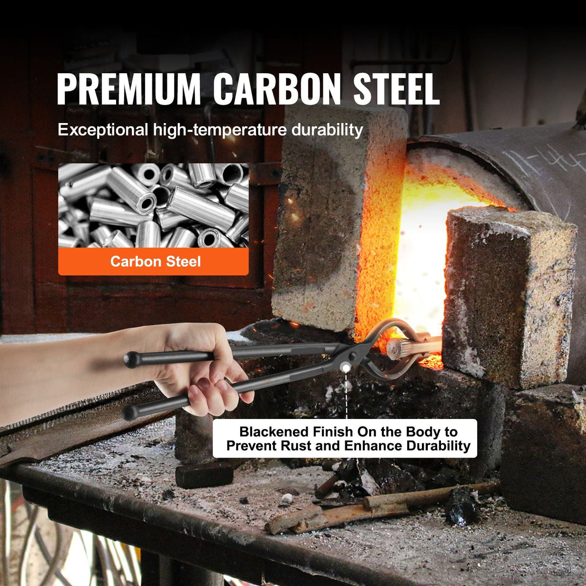 Blacksmith Tongs, 18' V-Bit Bolt Tongs, Carbon Steel Forge Tongs with A3 Steel Rivets, for Long, Irregular, and Nail-shaped Forgings, for Beginner and Seasoned Blacksmiths and Bladesmiths