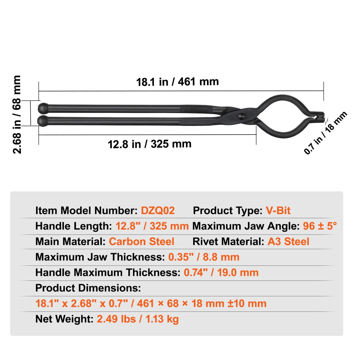 Blacksmith Tongs, 18' V-Bit Bolt Tongs, Carbon Steel Forge Tongs with A3 Steel Rivets, for Long, Irregular, and Nail-shaped Forgings, for Beginner and Seasoned Blacksmiths and Bladesmiths