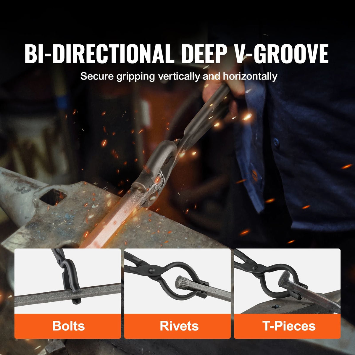 Blacksmith Tongs, 18' V-Bit Bolt Tongs, Carbon Steel Forge Tongs with A3 Steel Rivets, for Long, Irregular, and Nail-shaped Forgings, for Beginner and Seasoned Blacksmiths and Bladesmiths