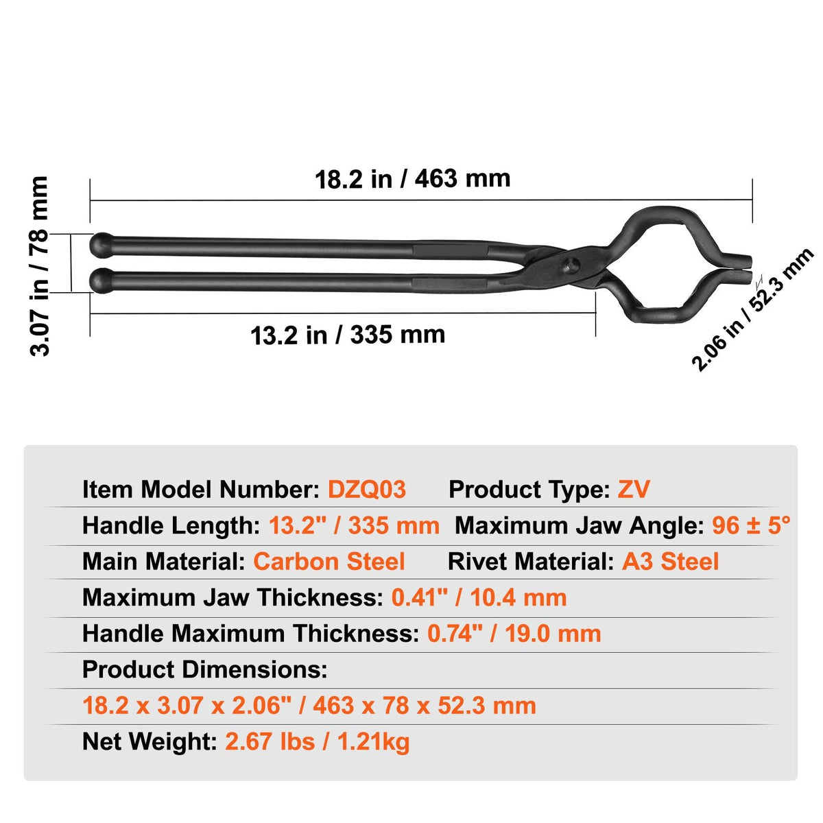Blacksmith Tongs, 18' Z V-Bit Tongs, Carbon Steel Forge Tongs with A3 Steel Rivets, for Knife Blades, Long Pieces, Circular Forgings, for Beginner and Seasoned Blacksmiths and Bladesmiths