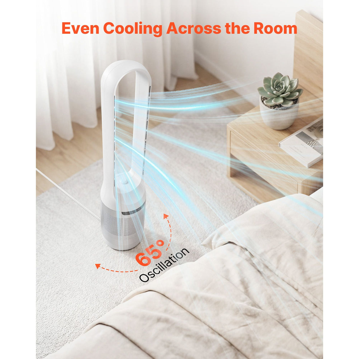Bladeless Tower Fan, 65° Oscillating Standing Fan, 12 Speeds & 4 Modes & 8H Timer, 14.76 ft/s High Velocity Floor Air Circulator, Powerful Airflow for Bedroom, Living Room, Home, Office, White