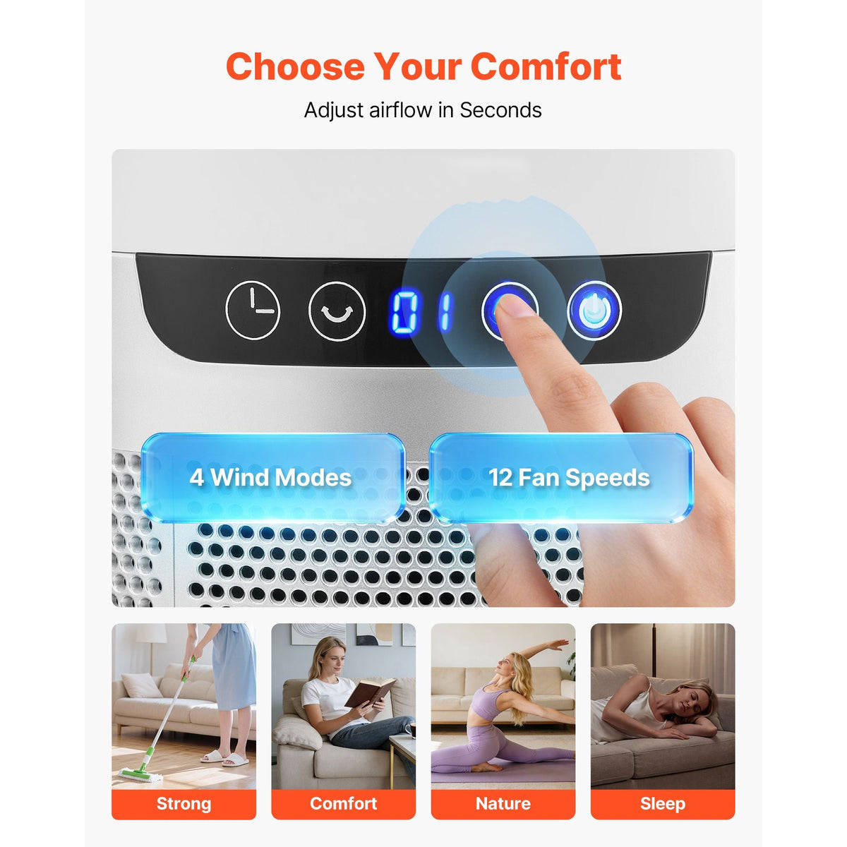 Bladeless Tower Fan, 65° Oscillating Standing Fan, 12 Speeds & 4 Modes & 8H Timer, 14.76 ft/s High Velocity Floor Air Circulator, Powerful Airflow for Bedroom, Living Room, Home, Office, White