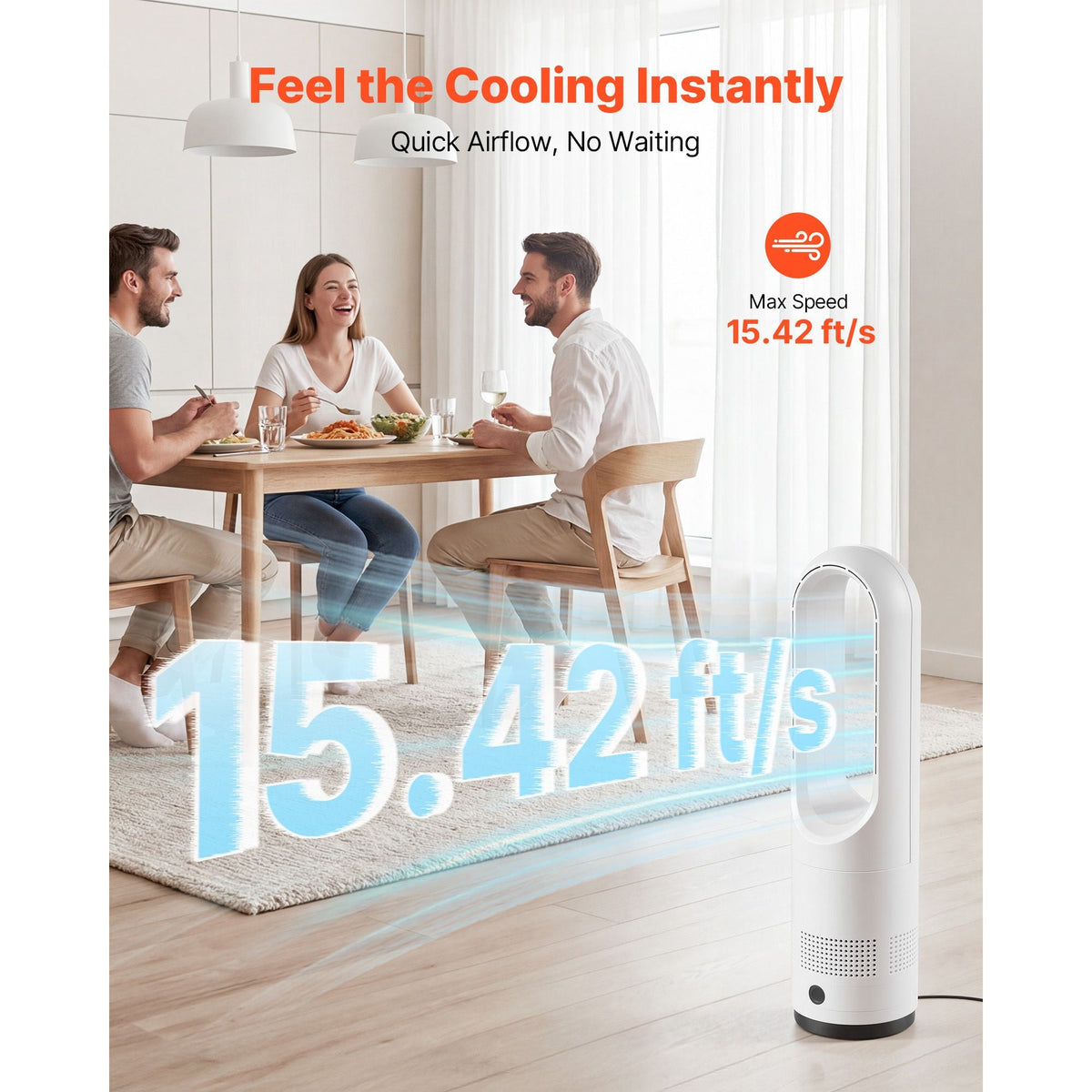 Bladeless Tower Fan, 80° Oscillating Standing Fan, 8 Speeds & 9-Hour Timer, 15.42 ft High Velocity Floor Air Circulator, Powerful Airflow with Remote for Bedroom, Living Room, Home, Office,White