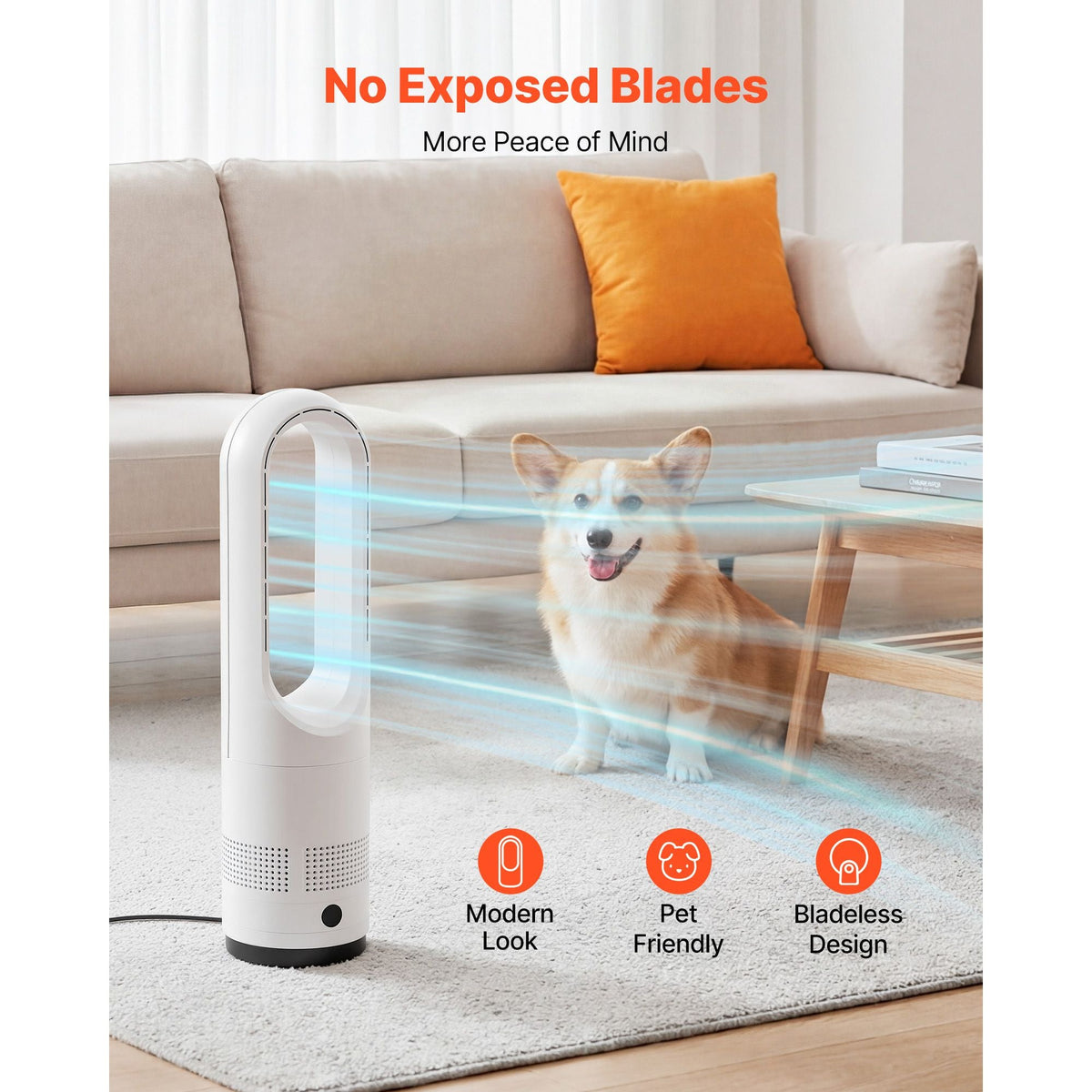 Bladeless Tower Fan, 80° Oscillating Standing Fan, 8 Speeds & 9-Hour Timer, 15.42 ft High Velocity Floor Air Circulator, Powerful Airflow with Remote for Bedroom, Living Room, Home, Office,White