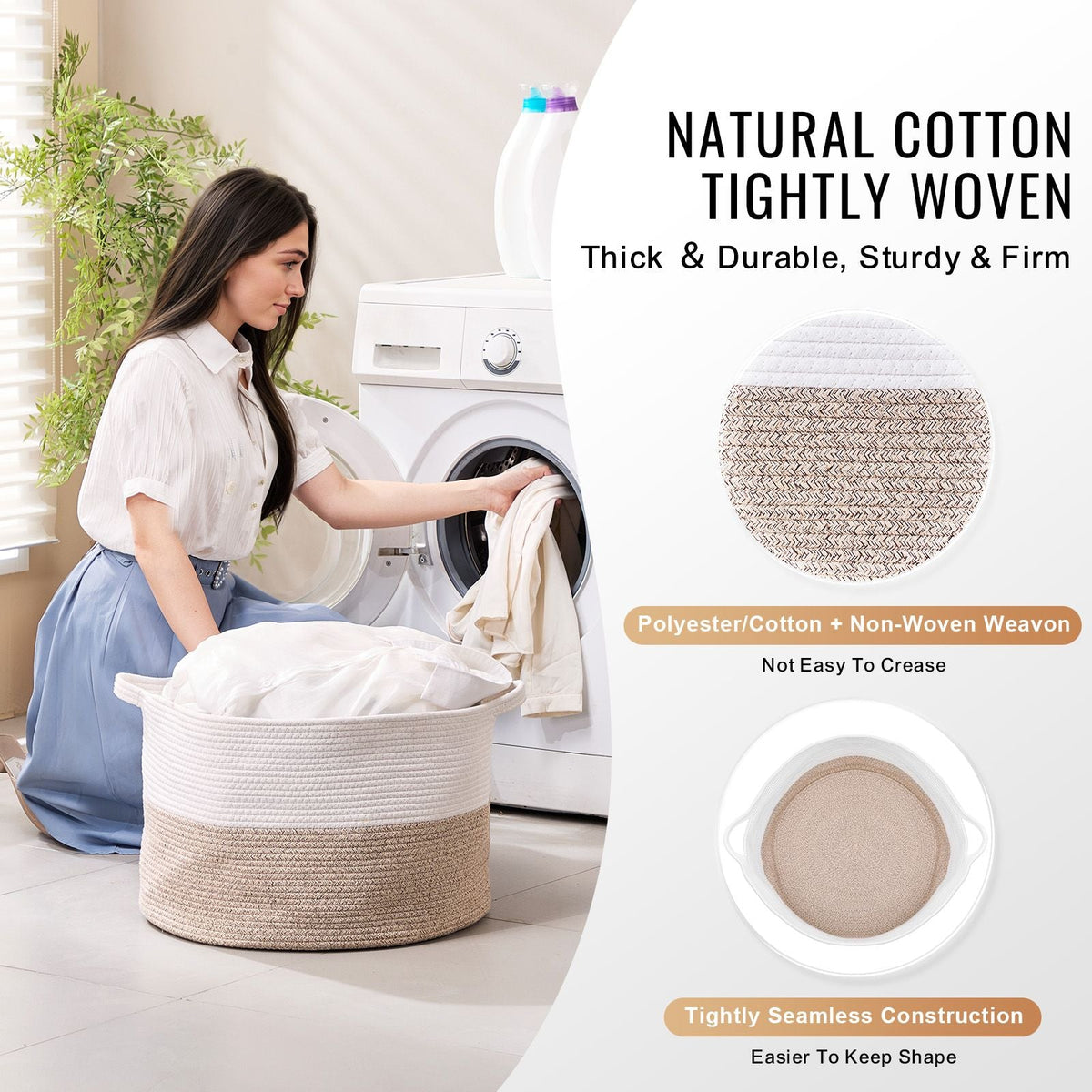 Blanket Basket, 67L, Cotton Rope Basket, Woven Basket with Handles, 20" x 13" Round Laundry Hamper Basket Collapsible Extra Large Storage Basket Bins for Organizing Clothes Kids Toys Pillows