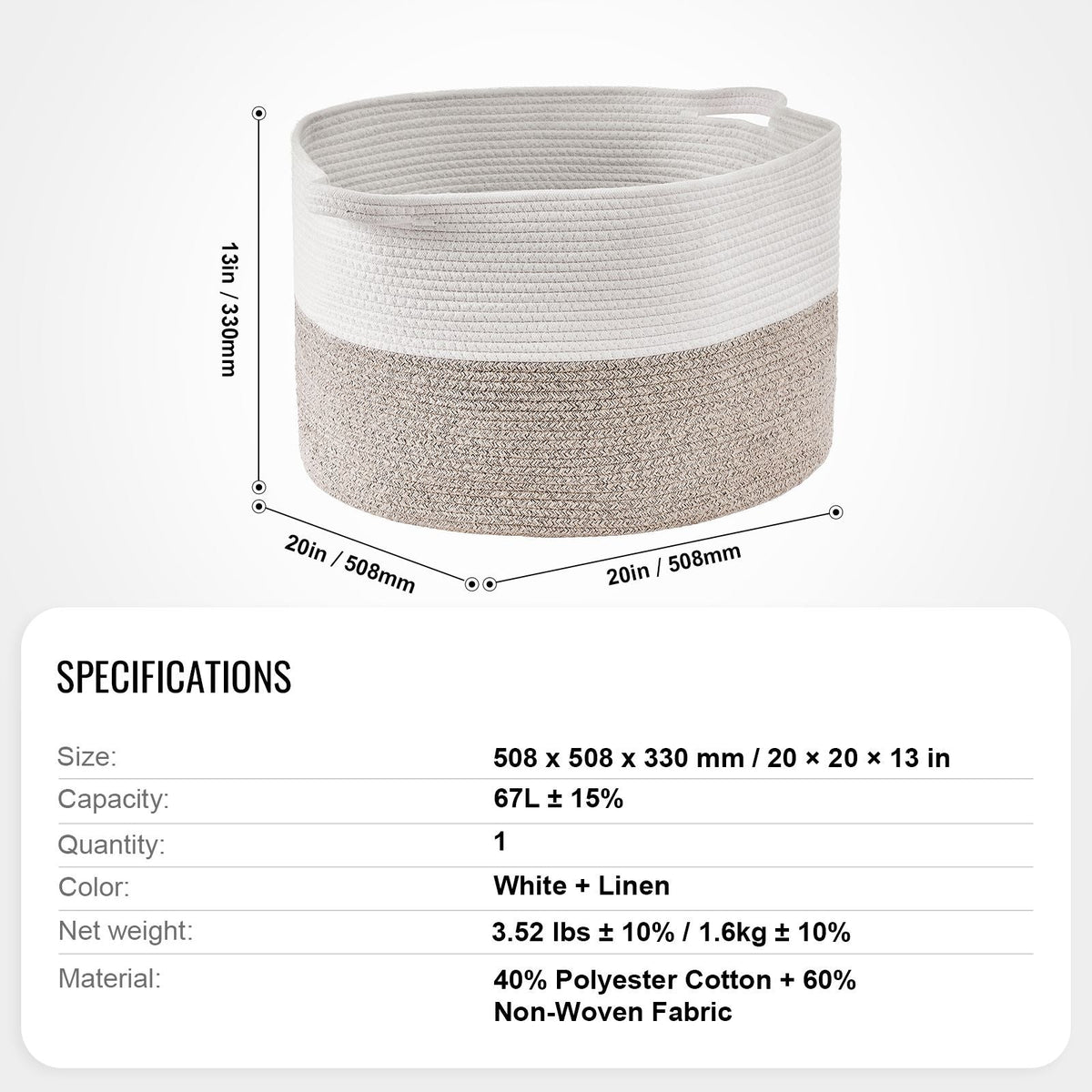 Blanket Basket, 67L, Cotton Rope Basket, Woven Basket with Handles, 20" x 13" Round Laundry Hamper Basket Collapsible Extra Large Storage Basket Bins for Organizing Clothes Kids Toys Pillows