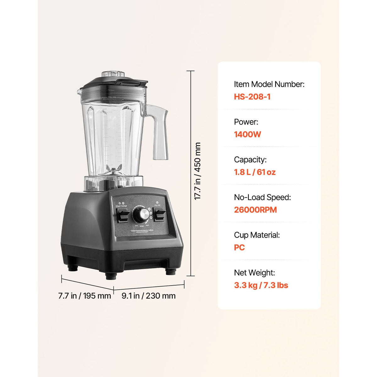 Blender for Smoothies, 61 oz 1400W, Professional Blender with Powerful Motor, Multi-Functional Food Processing Blender with 2 Cups for Smoothie/Milkshake/Juice, Fits for Kitchen