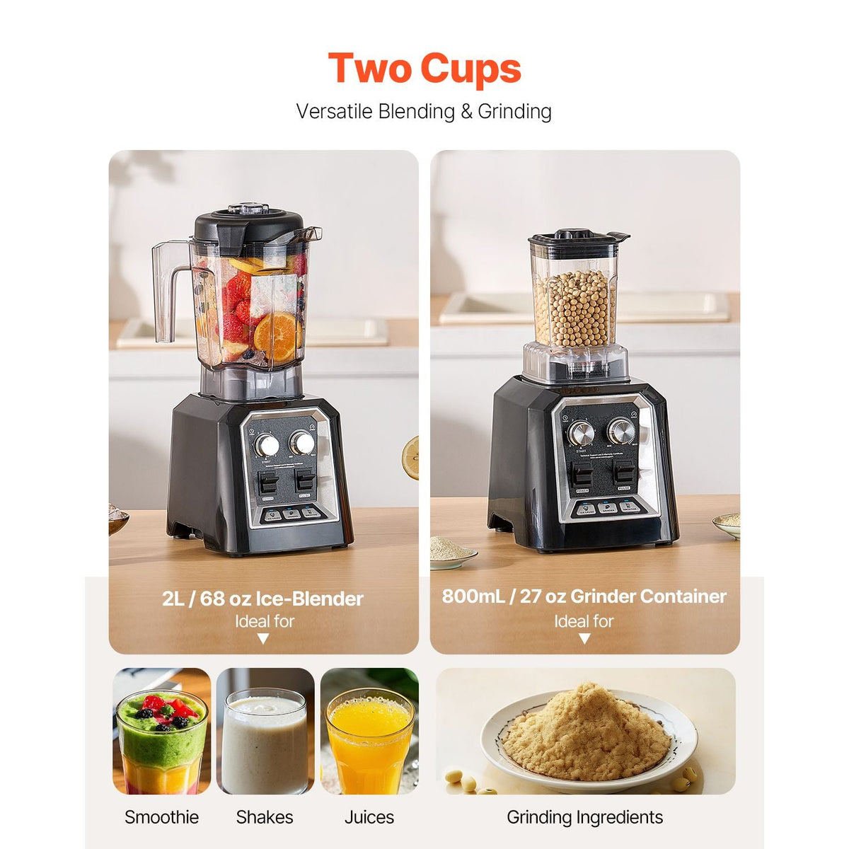 Blender for Smoothies, 68 oz 1400W, Professional Blender with Powerful Motor, Multi-Functional Food Processing Blender with Grinder Container for Smoothie/Milkshake/Juice, Fits for Kitchen