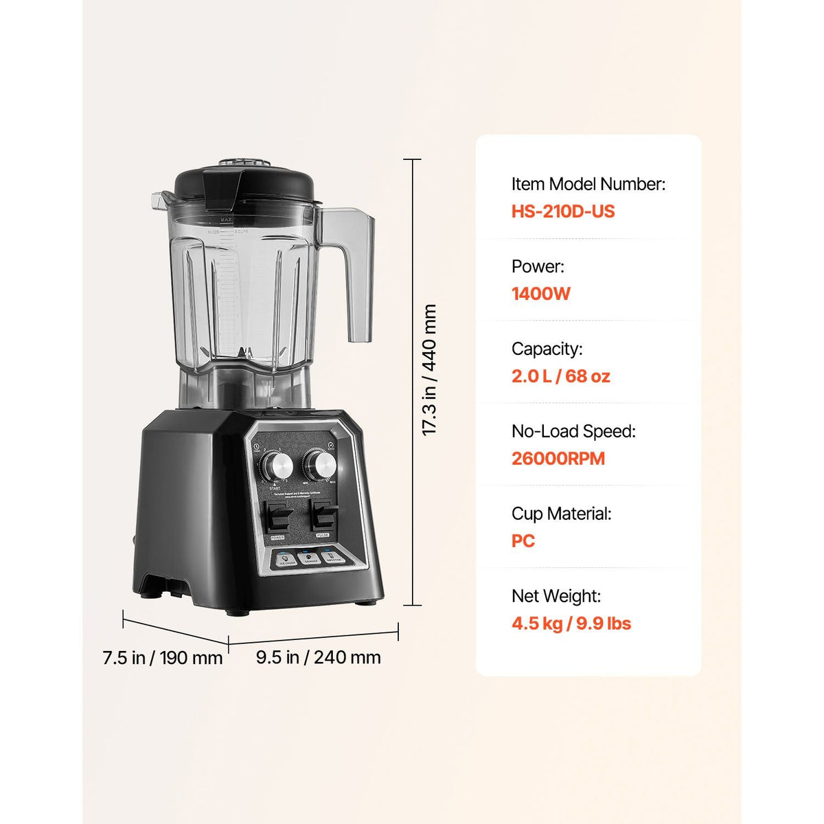 Blender for Smoothies, 68 oz 1400W, Professional Blender with Powerful Motor, Multi-Functional Food Processing Blender with Grinder Container for Smoothie/Milkshake/Juice, Fits for Kitchen