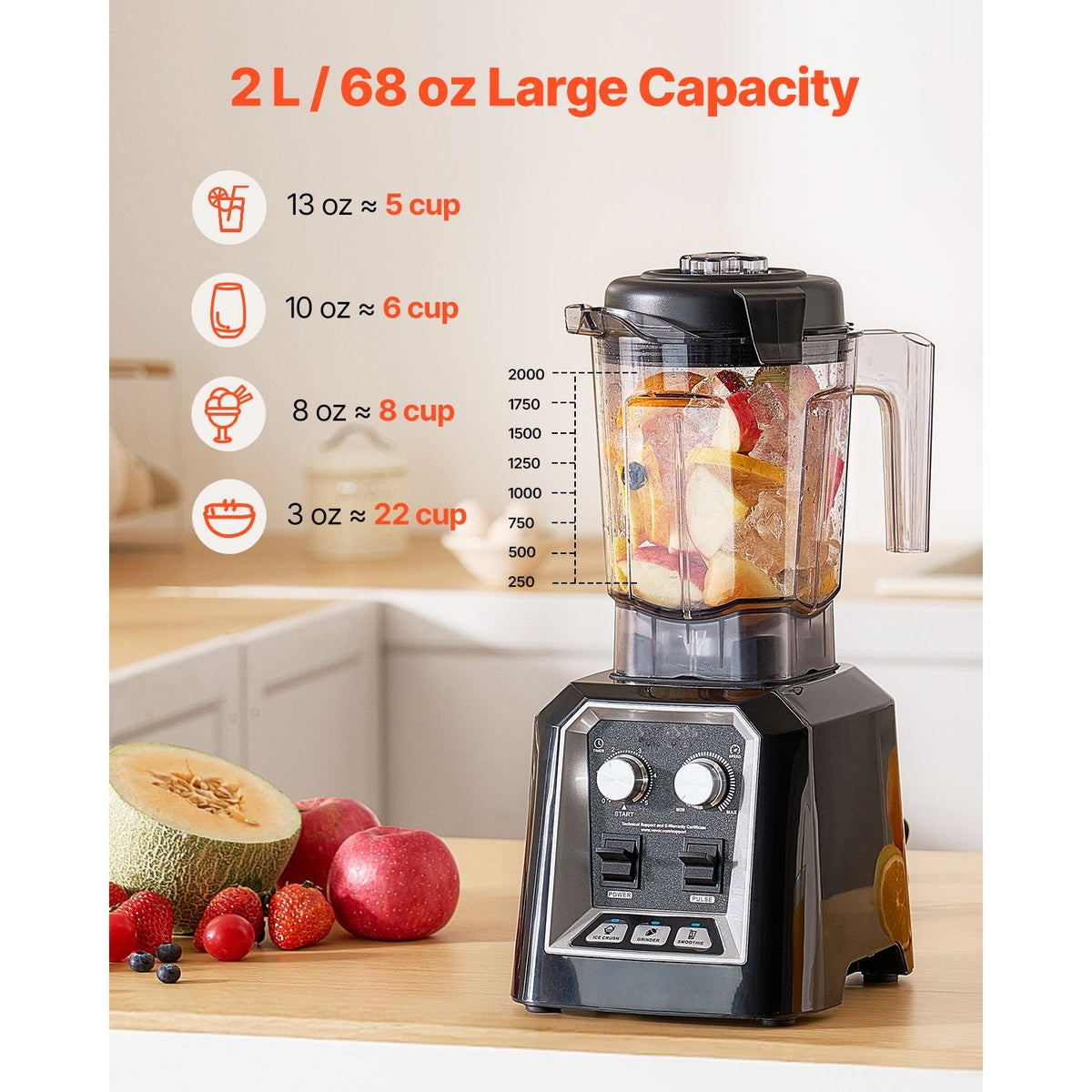 Blender for Smoothies, 68 oz 1400W, Professional Blender with Powerful Motor, Multi-Functional Food Processing Blender with Grinder Container for Smoothie/Milkshake/Juice, Fits for Kitchen