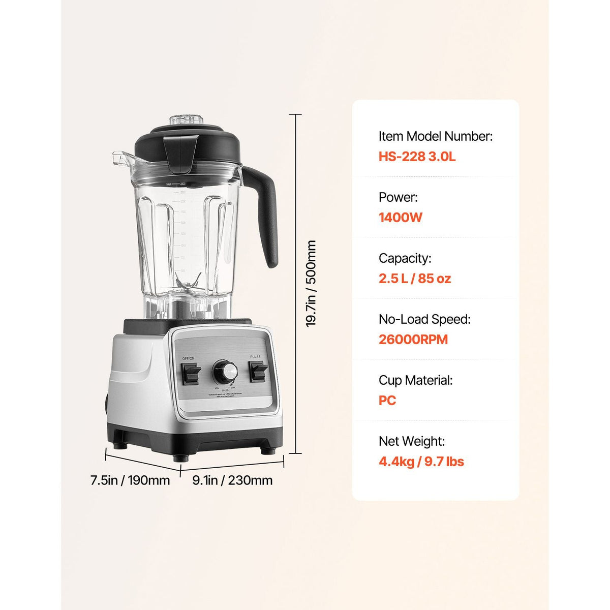Blender for Smoothies, 85 oz 1400W, Professional Blender with Powerful Motor, Multi-Functional Food Processing Blender with 2 Cups for Smoothie/Milkshake/Juice, Fits for Kitchen