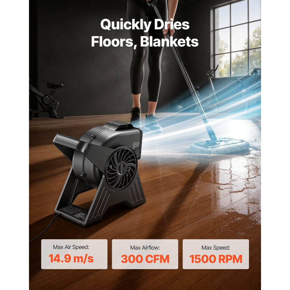 Blower Fan, 13 in Portable Utility Floor Fan, 300 CFM, 3 Speeds, Multi-Angle Airflow, Lightweight Portable High Velocity Air Mover, for Drying, Dehumidifying, Carpets, Air Circulation, Cooling