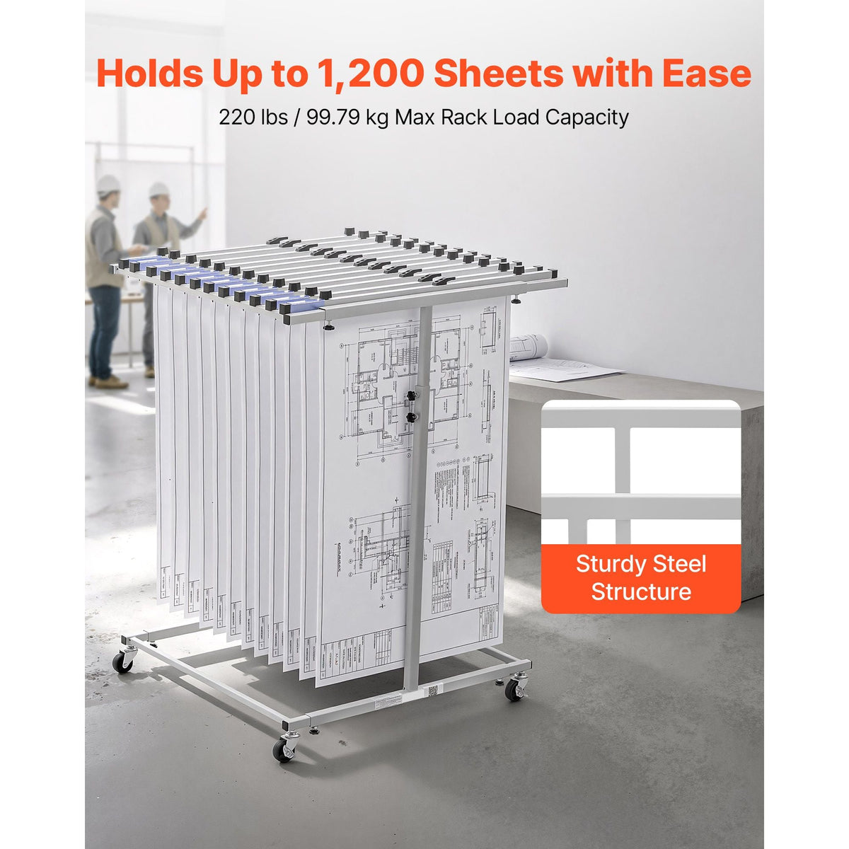 Blueprint Storage Rack, Steel, Mobile Adjustable Blueprint Holder, Vertical Drawing Rack with Wheels, File Storage Organizer Stand, for Construction Plans Posters Home Office, Without Clamps