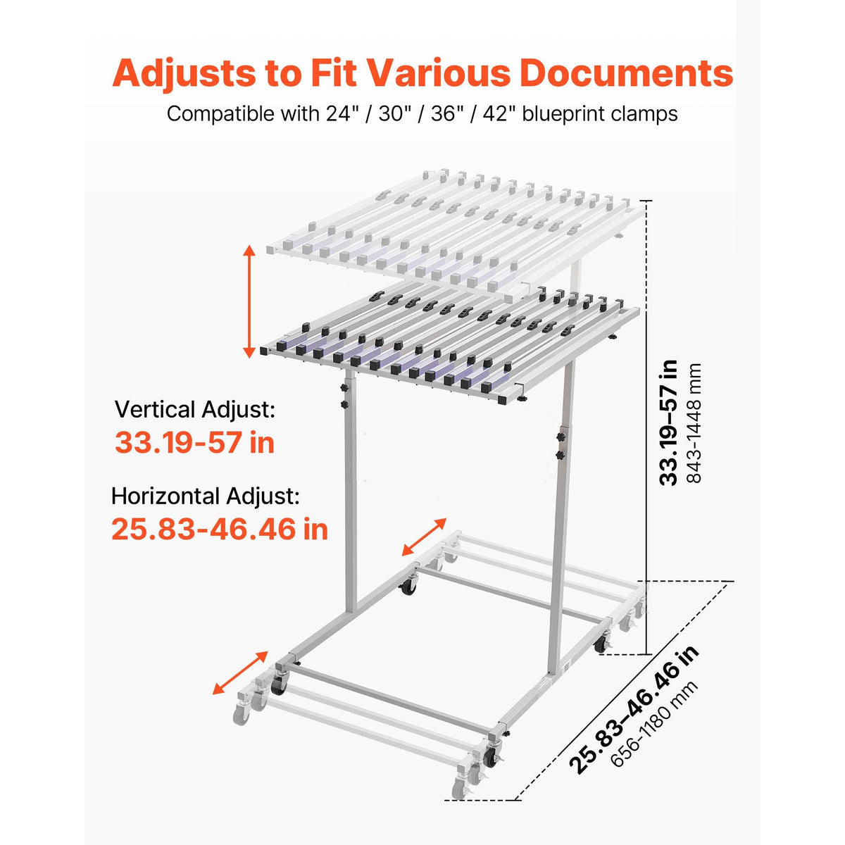 Blueprint Storage Rack, Steel, Mobile Adjustable Blueprint Holder, Vertical Drawing Rack with Wheels, File Storage Organizer Stand, for Construction Plans Posters Home Office, Without Clamps