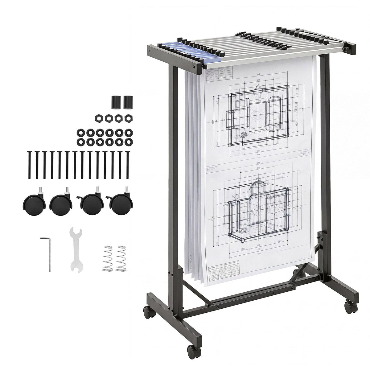 Blueprint Storage Rack, Steel, Mobile Adjustable Blueprint Holder with 12 Pack of 30 Inch Aluminum Clamps, Wheels, Display Rack Storage Organizer Stand, for File Display Plan Poster Office Home
