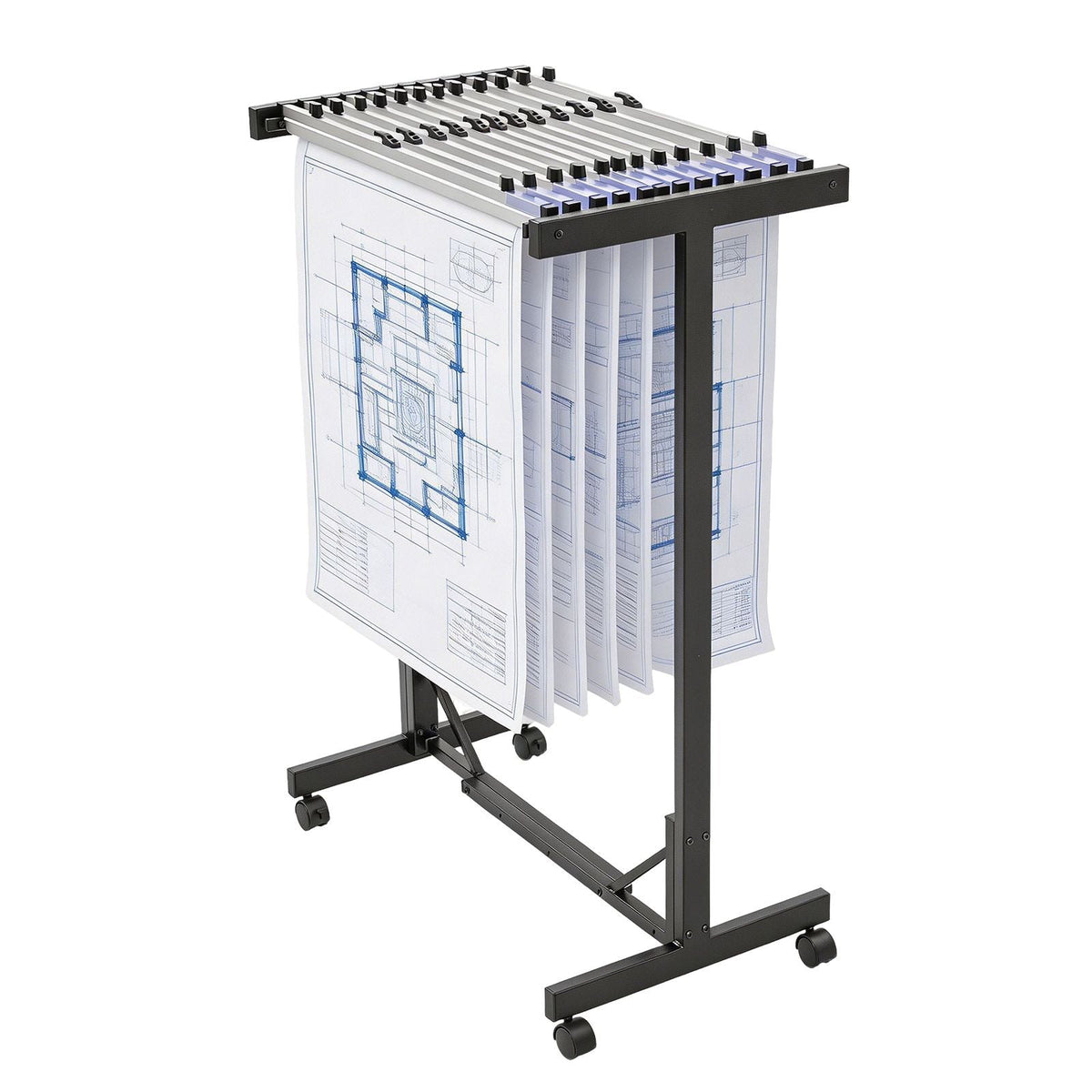Blueprint Storage Rack, Steel, Mobile Adjustable Blueprint Holder with 12 Pack of 30 Inch Aluminum Clamps, Wheels, Display Rack Storage Organizer Stand, for File Display Plan Poster Office Home