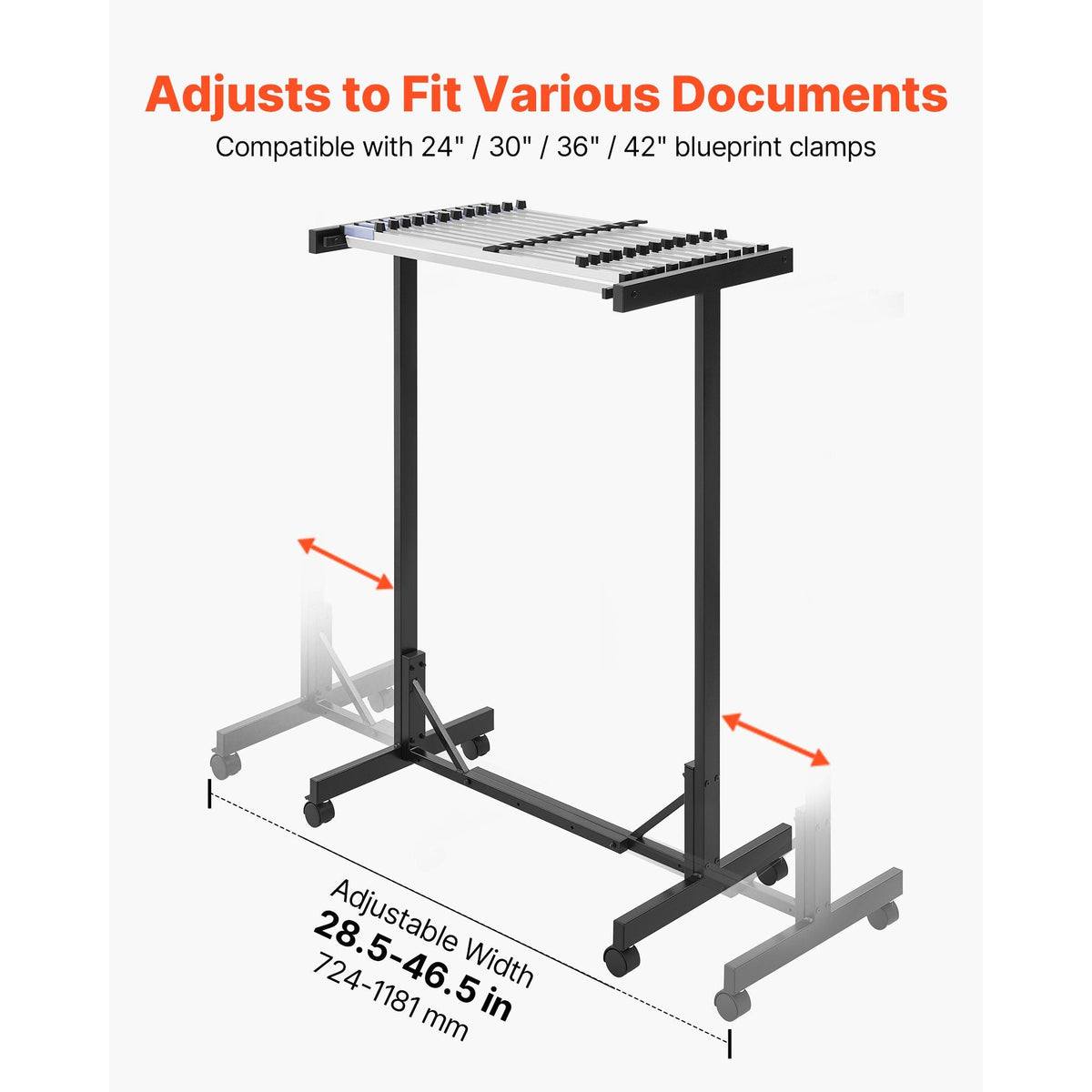 Blueprint Storage Rack, Steel, Mobile Adjustable Blueprint Holder with 12 Pack of 30 Inch Aluminum Clamps, Wheels, Display Rack Storage Organizer Stand, for File Display Plan Poster Office Home
