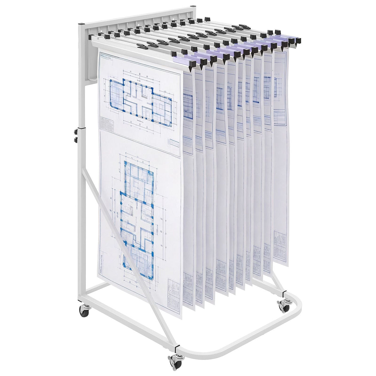 Blueprint Storage Rack, Steel, Mobile Adjustable Blueprint Holder with 6 Pack of 24 Inch Aluminum Clamps, 4 Wheels, Display Rack Storage Organizer Stand, for File Display Plan Poster Office Home