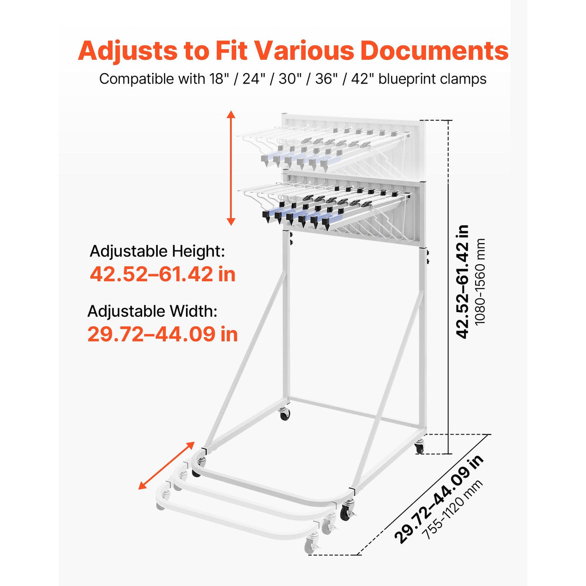 Blueprint Storage Rack, Steel, Mobile Adjustable Blueprint Holder with 6 Pack of 24 Inch Aluminum Clamps, 4 Wheels, Display Rack Storage Organizer Stand, for File Display Plan Poster Office Home