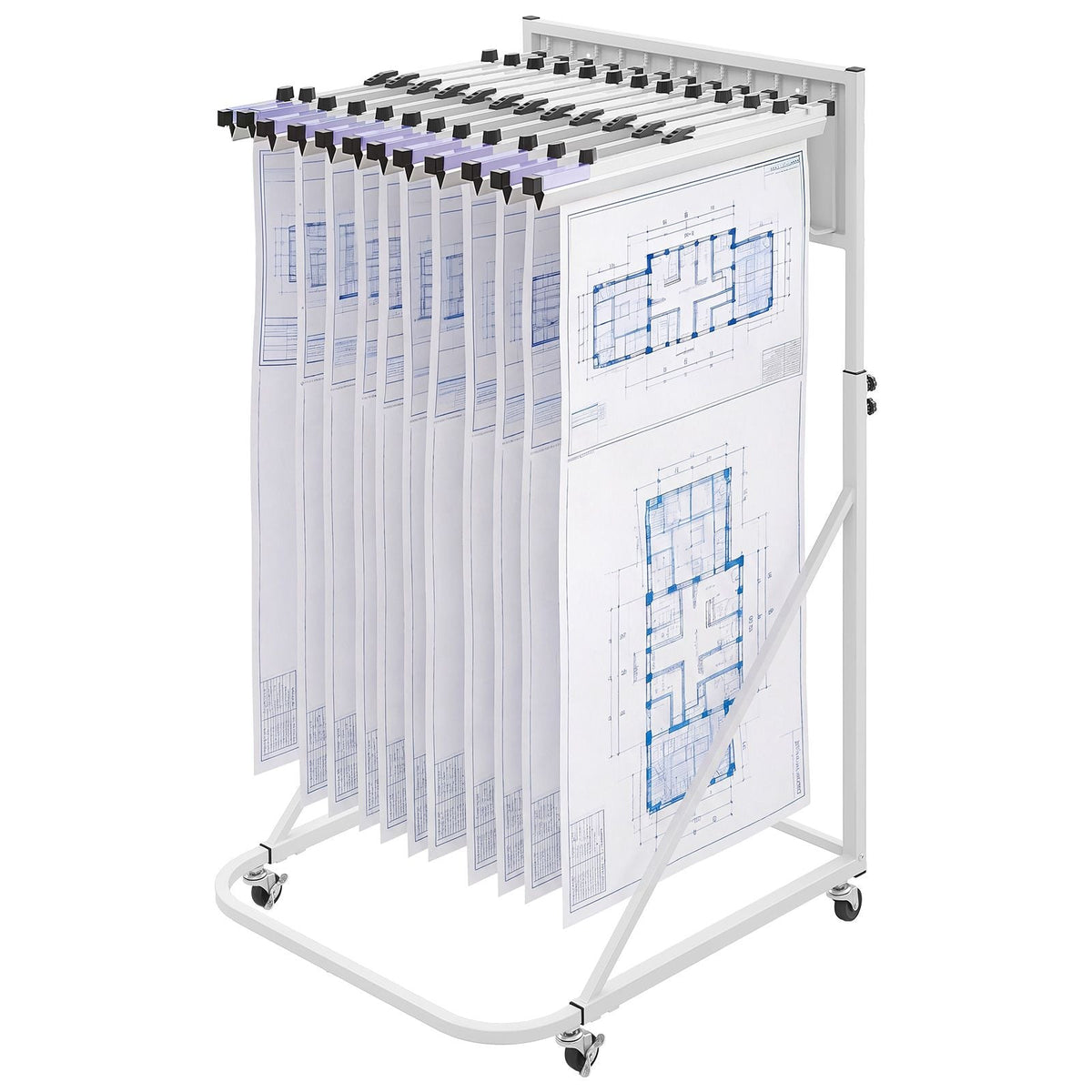 Blueprint Storage Rack, Steel, Mobile Adjustable Blueprint Holder with 6 Pack of 24 Inch Aluminum Clamps, 4 Wheels, Display Rack Storage Organizer Stand, for File Display Plan Poster Office Home