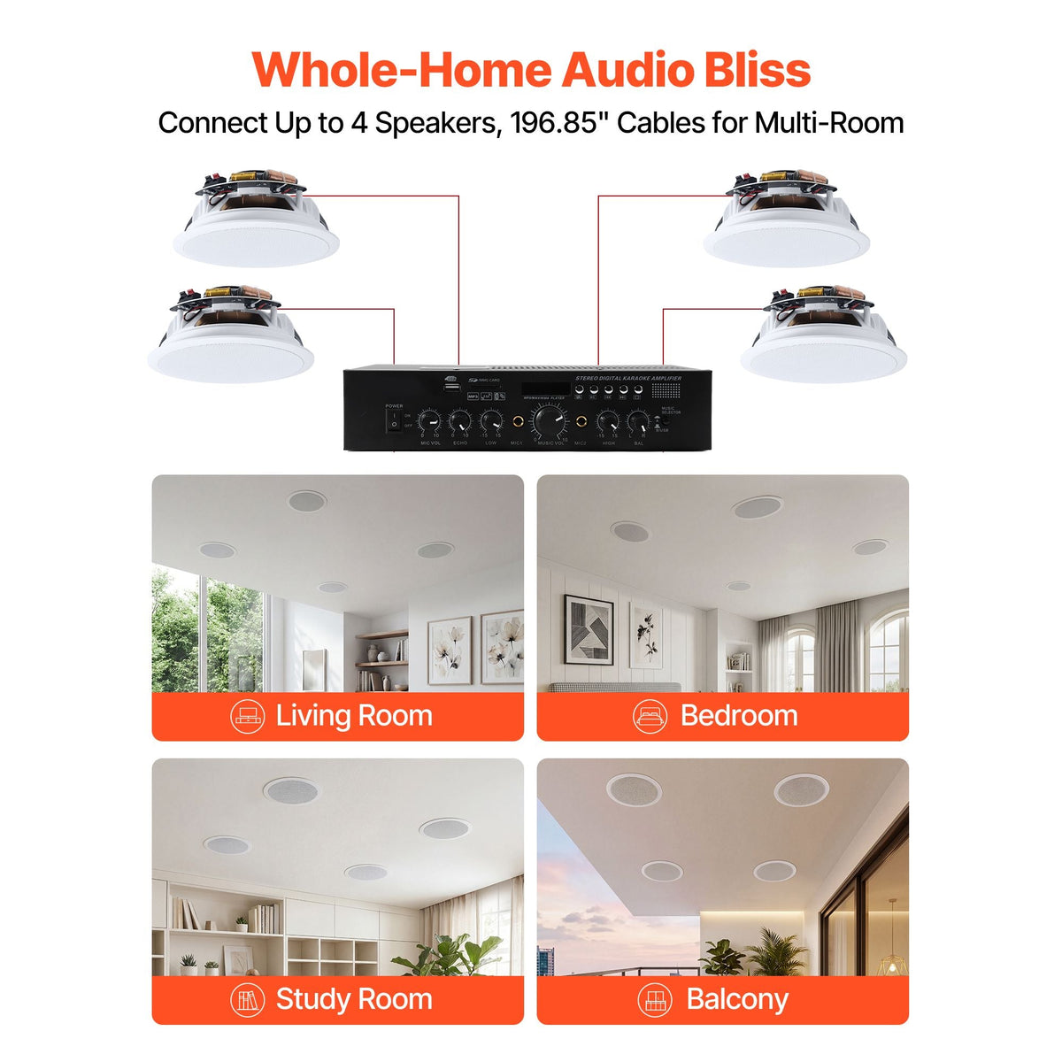 Bluetooth Ceiling Speakers, 6.5", In Ceiling & In-Wall Speaker System with Amplifier, 2-Way, for Damp and Humid Placement, Home Theater, Covered Outdoor Patio and Flush Mount Wired, 4 Speakers