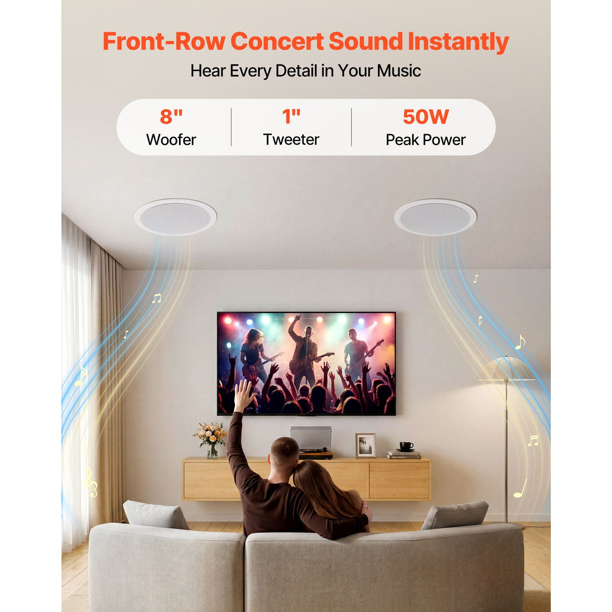 Bluetooth Ceiling Speakers, 8", In Ceiling & In-Wall Speaker System with Amplifier, 2-Way Flush Mount Speakers, for Damp Humid Placement, Home Theater, Living Room, or Covered Patio, 1 Pair