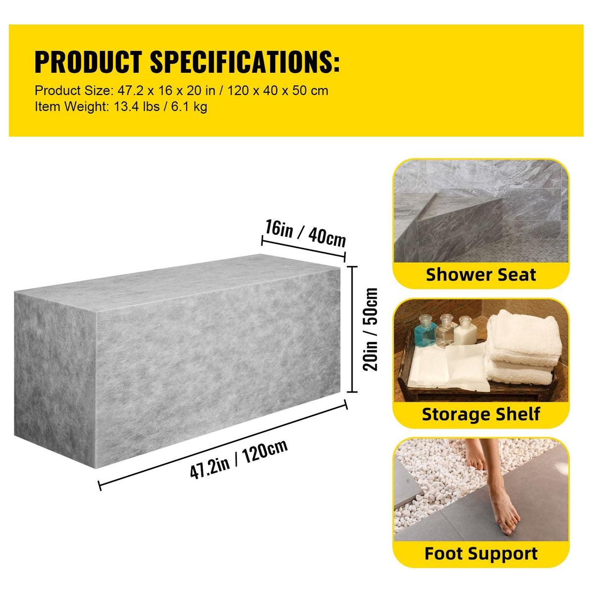 Board Shower Bench Rectangle Bench Ready to Tile & Waterproof 47.2x16x20"