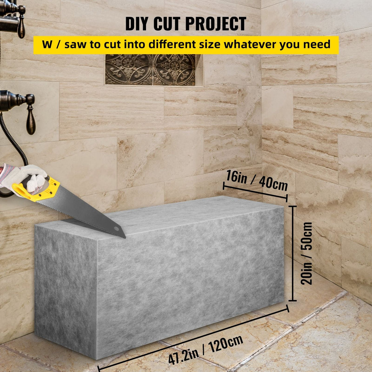 Board Shower Bench Rectangle Bench Ready to Tile & Waterproof 47.2x16x20"