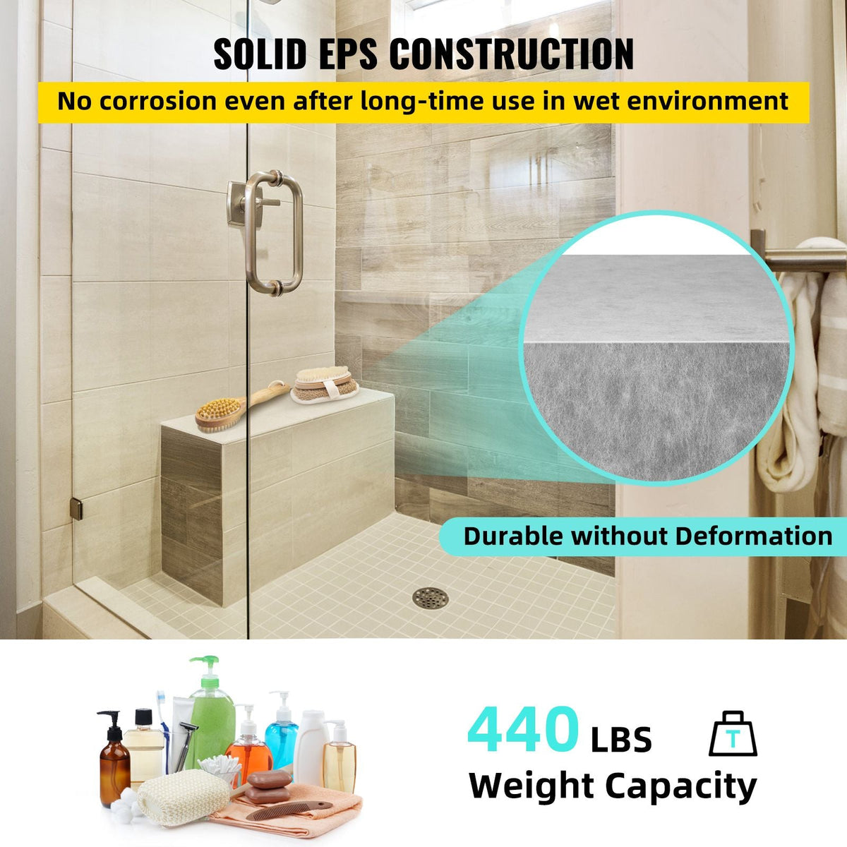 Board Shower Bench Rectangle Bench Ready to Tile & Waterproof 47.2x16x20"