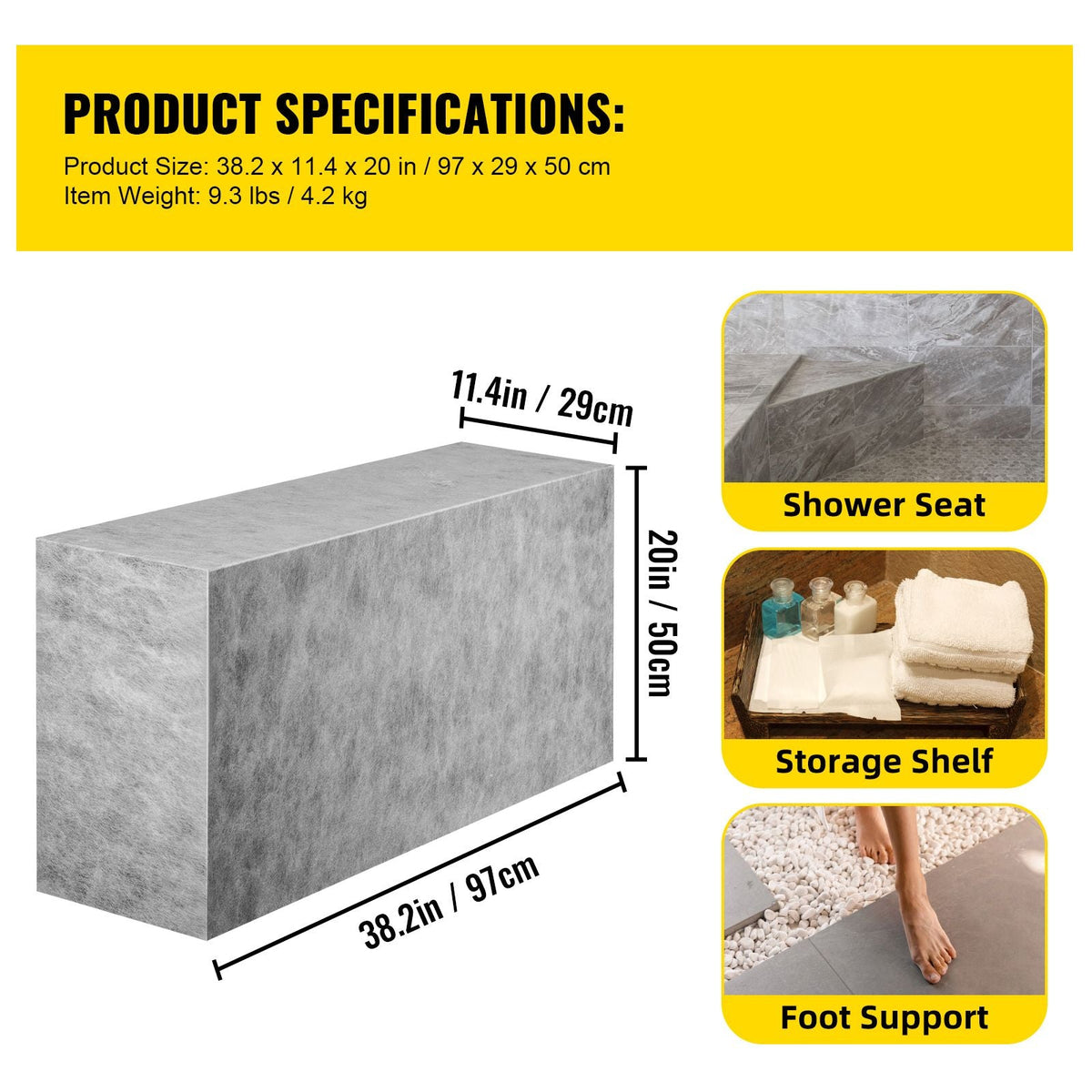 Board Shower Bench Rectangle Bench Ready to Tile&Waterproof 38.2x11.4x20"