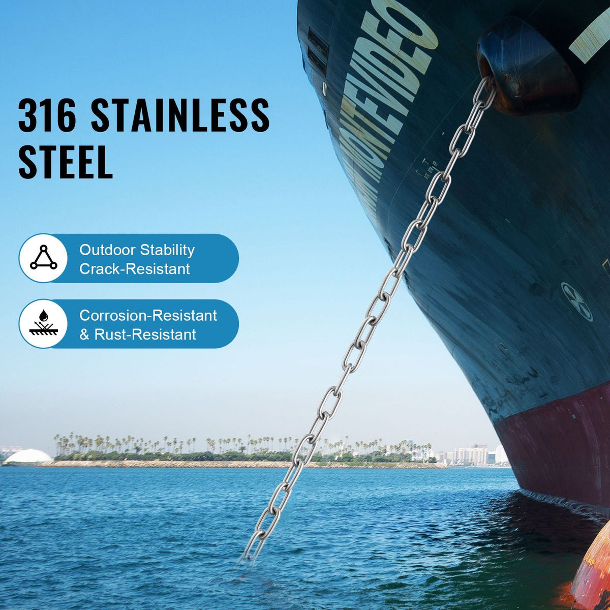 Boat Anchor Chain, 1/4" x 4', 1700 lbs. WLL/4800 lbs. BS, 316 Stainless Steel Marine Grade Anchor Lead Chain with Dual Lock Ring Shackles for Boats, Deck, Fishing, Works with Different Anchors