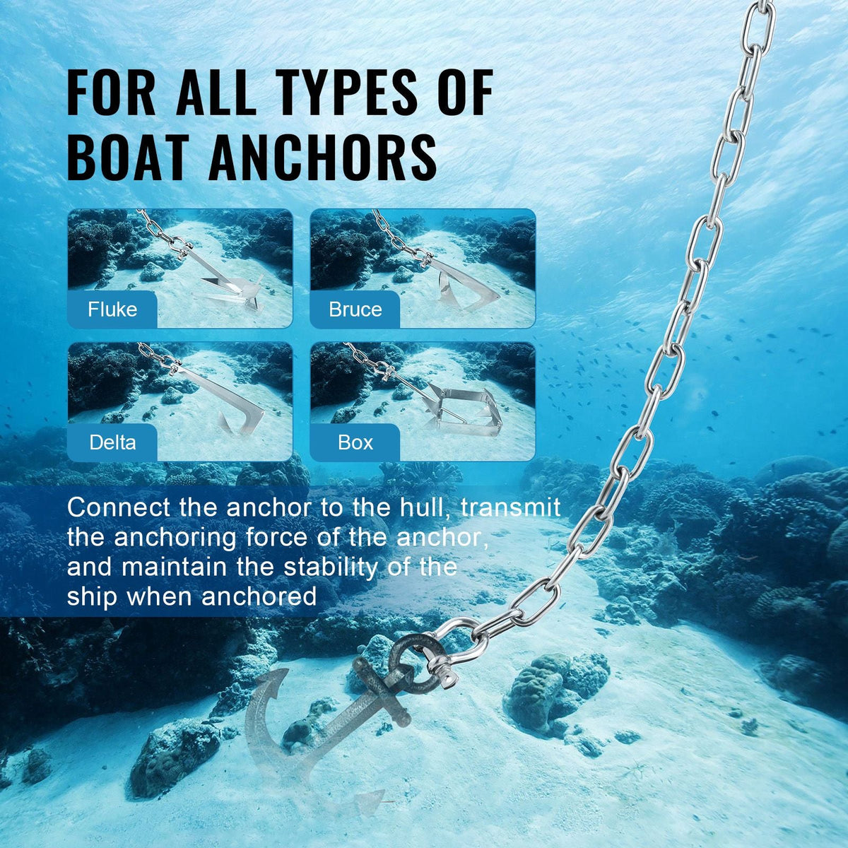 Boat Anchor Chain, 1/4" x 4', 1700 lbs. WLL/4800 lbs. BS, 316 Stainless Steel Marine Grade Anchor Lead Chain with Dual Lock Ring Shackles for Boats, Deck, Fishing, Works with Different Anchors