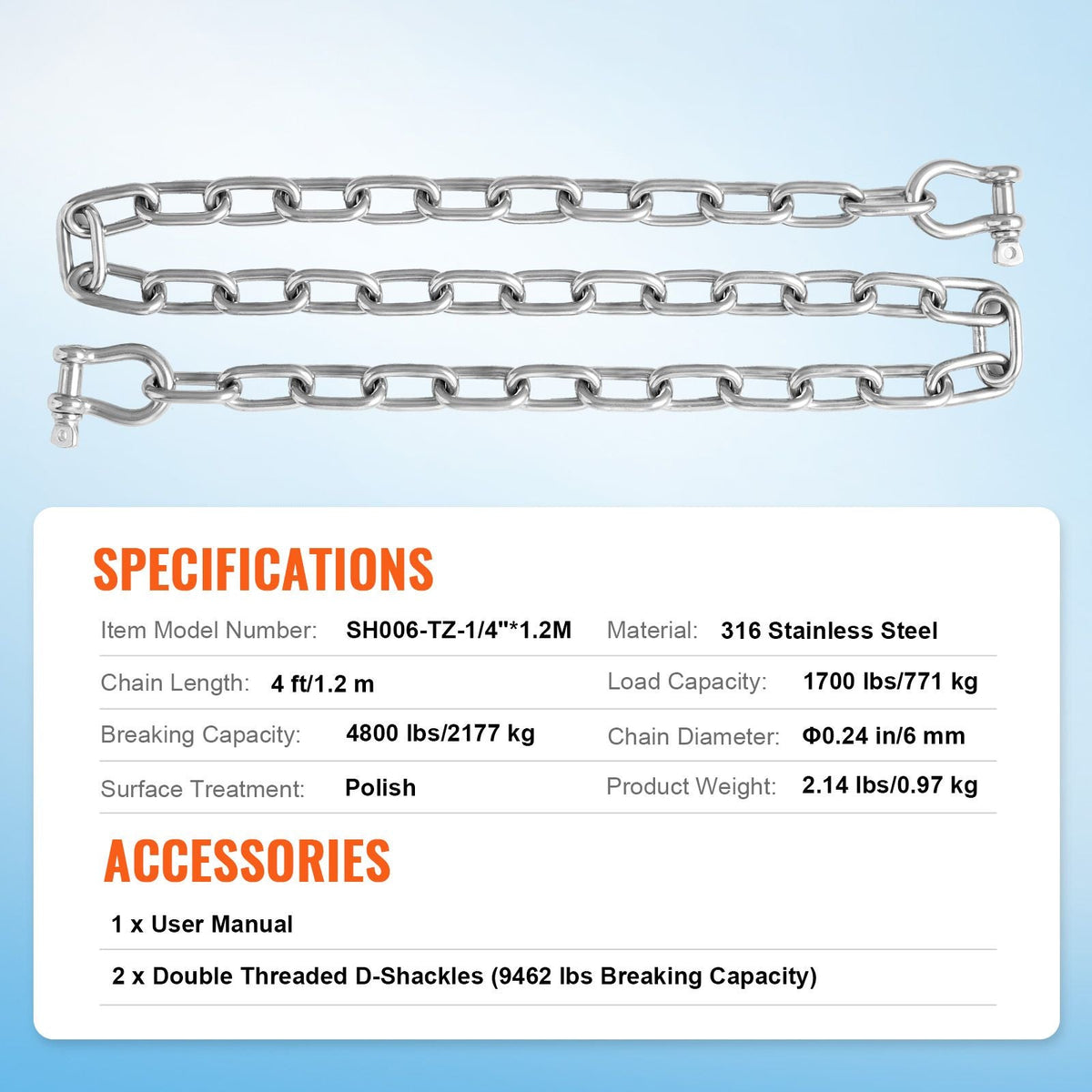 Boat Anchor Chain, 1/4" x 4', 1700 lbs. WLL/4800 lbs. BS, 316 Stainless Steel Marine Grade Anchor Lead Chain with Dual Lock Ring Shackles for Boats, Deck, Fishing, Works with Different Anchors