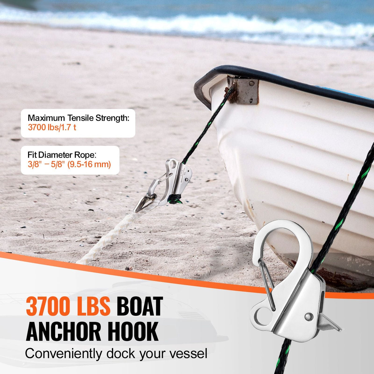 Boat Anchor Hook, 304 Stainless Steel Slide Anchor, Knotless Anchor System with Quick Release, Boat Anchor Hook Clips for 3/8" - 5/8" Boat Anchor Rope, Easy to Use, Holds 3700 LBS