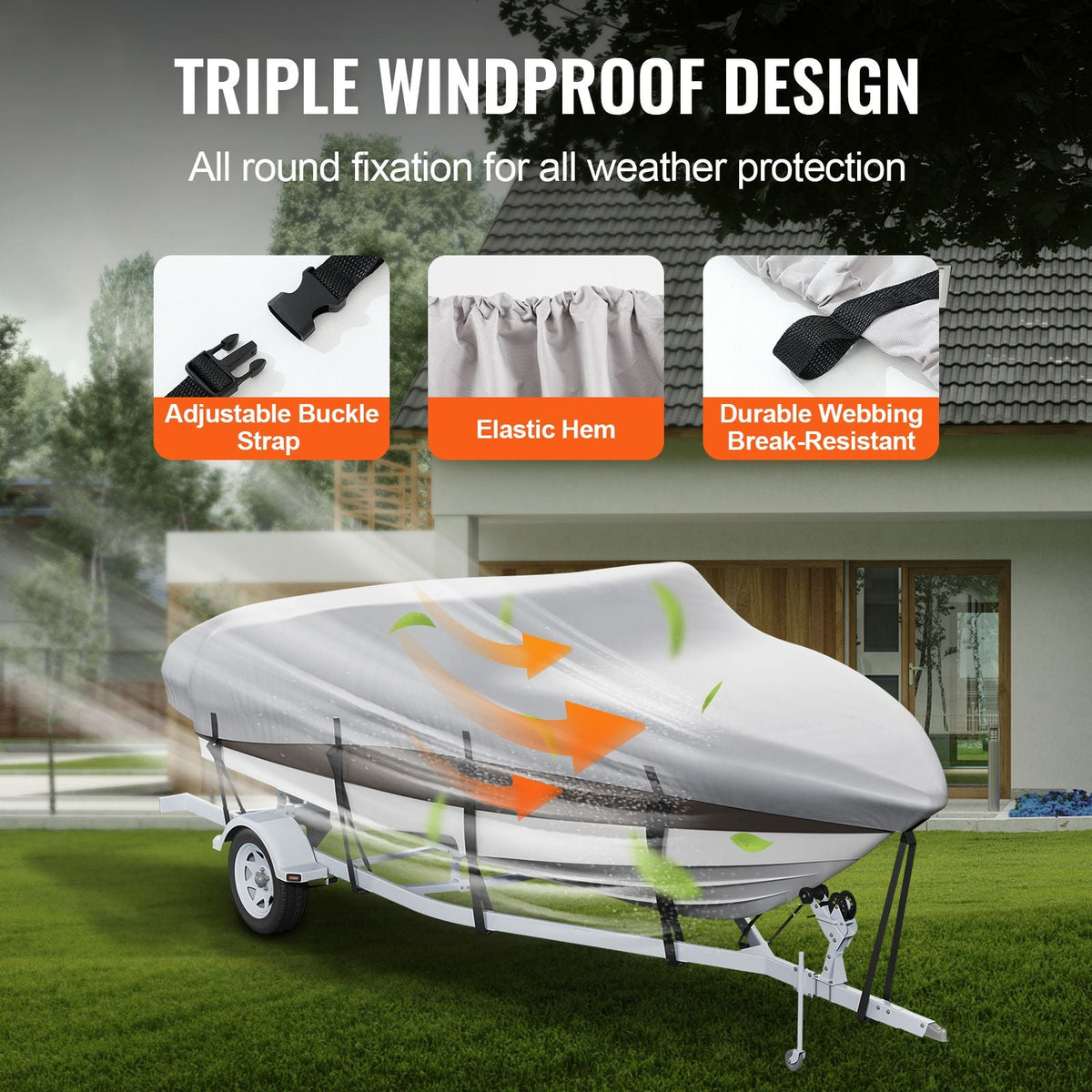 Boat Cover, 20'-22' Trailerable Waterproof Boat Cover, 600D Marine Grade PU Oxford, with Motor Cover and Buckle Straps, for V-Hull, Tri-Hull, Fish Ski Boat, Runabout, Bass Boat, Grey