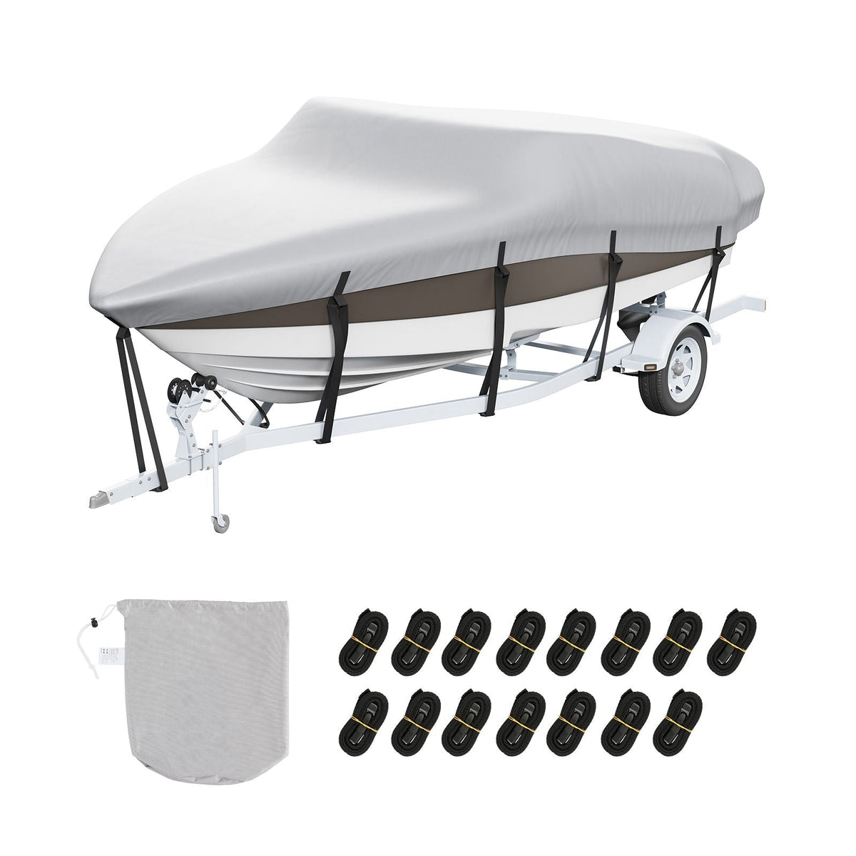 Boat Cover, 20'-22' Trailerable Waterproof Boat Cover, 600D Marine Grade PU Oxford, with Motor Cover and Buckle Straps, for V-Hull, Tri-Hull, Fish Ski Boat, Runabout, Bass Boat, Grey