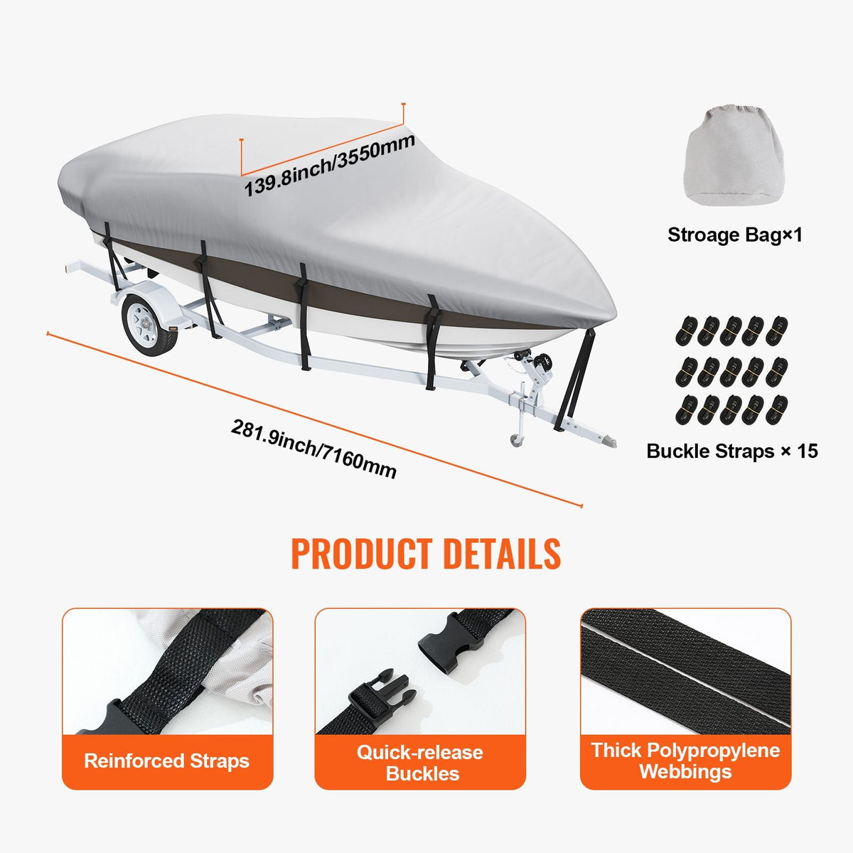 Boat Cover, 20'-22' Trailerable Waterproof Boat Cover, 600D Marine Grade PU Oxford, with Motor Cover and Buckle Straps, for V-Hull, Tri-Hull, Fish Ski Boat, Runabout, Bass Boat, Grey