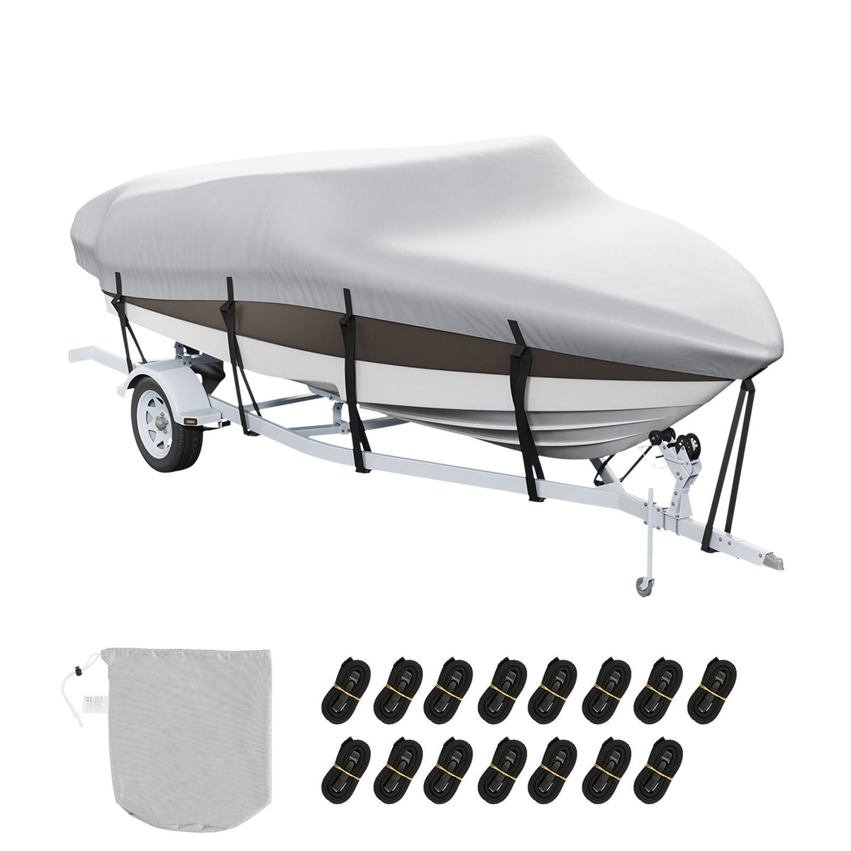 Boat Cover, 20'-22' Trailerable Waterproof Boat Cover, 600D Marine Grade PU Oxford, with Motor Cover and Buckle Straps, for V-Hull, Tri-Hull, Fish Ski Boat, Runabout, Bass Boat, Grey