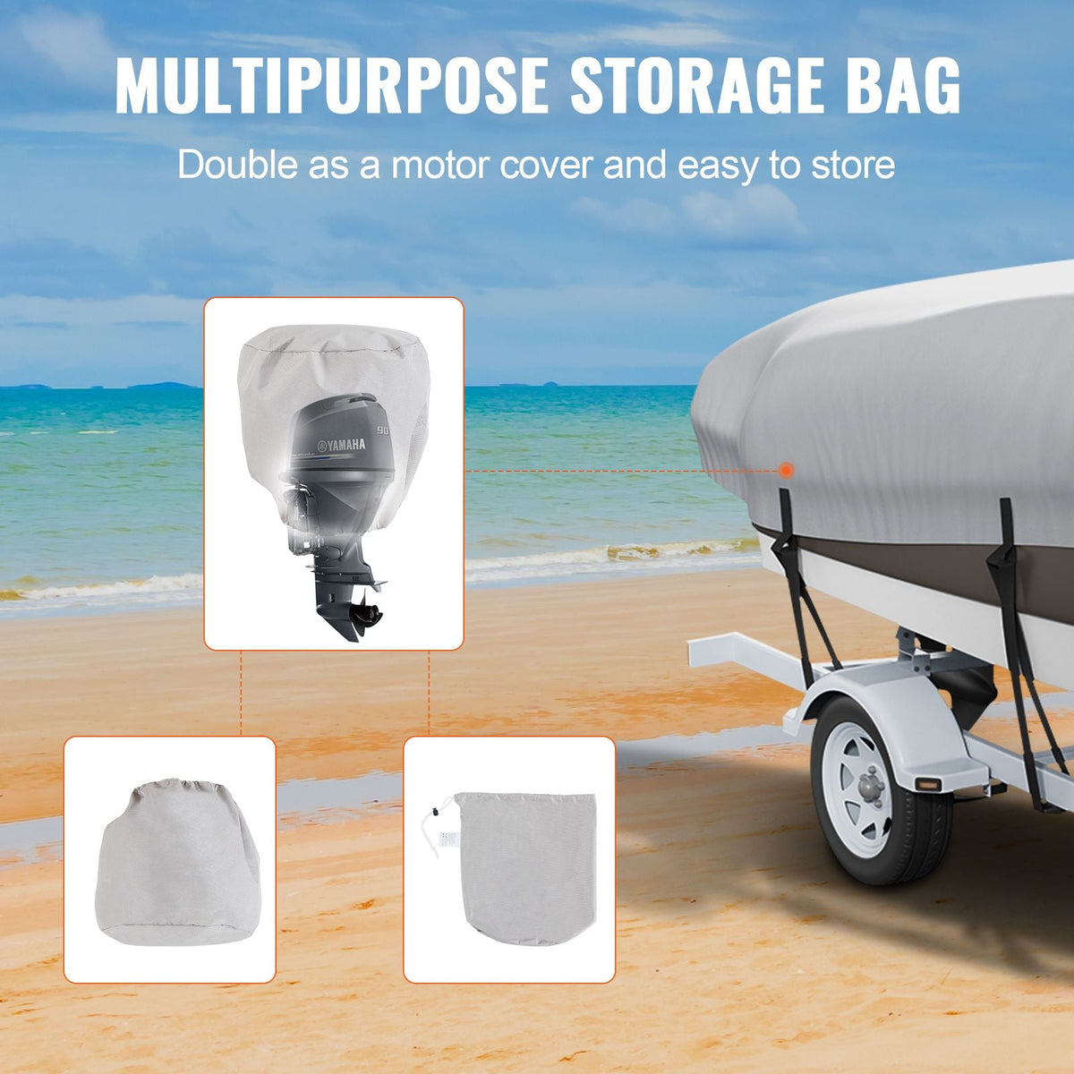 Boat Cover, 20'-22' Trailerable Waterproof Boat Cover, 600D Marine Grade PU Oxford, with Motor Cover and Buckle Straps, for V-Hull, Tri-Hull, Fish Ski Boat, Runabout, Bass Boat, Grey