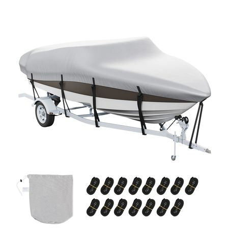 Boat Cover, 20'-22' Trailerable Waterproof Boat Cover, 600D Marine Grade PU Oxford, with Motor Cover and Buckle Straps, for V-Hull, Tri-Hull, Fish Ski Boat, Runabout, Bass Boat, Grey