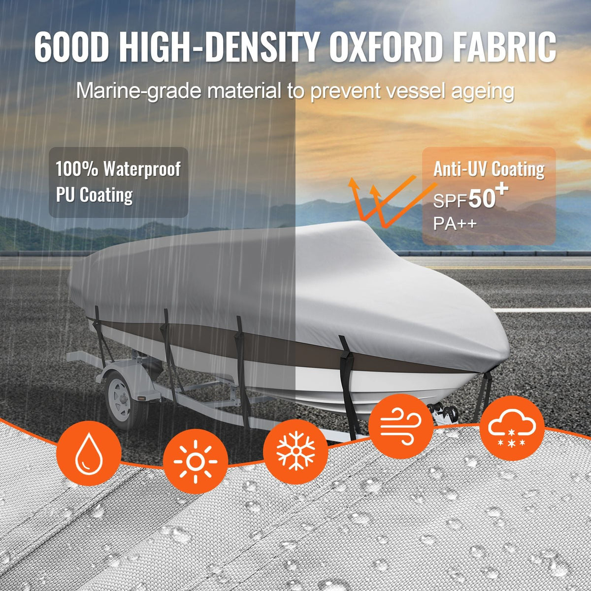 Boat Cover, 20'-22' Trailerable Waterproof Boat Cover, 600D Marine Grade PU Oxford, with Motor Cover and Buckle Straps, for V-Hull, Tri-Hull, Fish Ski Boat, Runabout, Bass Boat, Grey