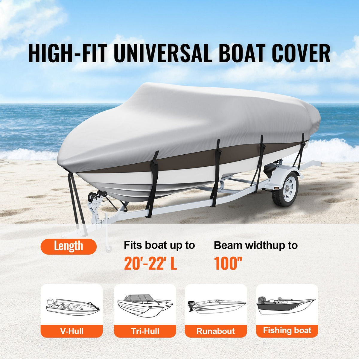 Boat Cover, 20'-22' Trailerable Waterproof Boat Cover, 600D Marine Grade PU Oxford, with Motor Cover and Buckle Straps, for V-Hull, Tri-Hull, Fish Ski Boat, Runabout, Bass Boat, Grey
