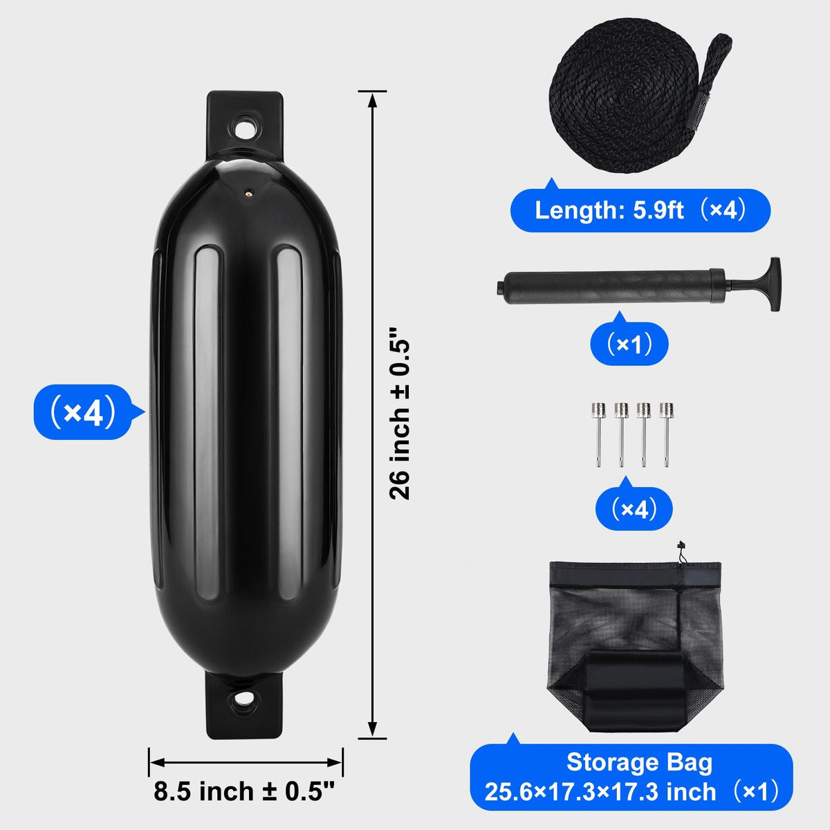 Boat Fenders, 8.5" x 26" Boat Bumpers for Docking, Inflatable Ribbed Fender with Center Holes, Marine Boat Dock Fender Bumper with Air Pump, 4 Needles and 4 Ropes and Storage Bag, Black