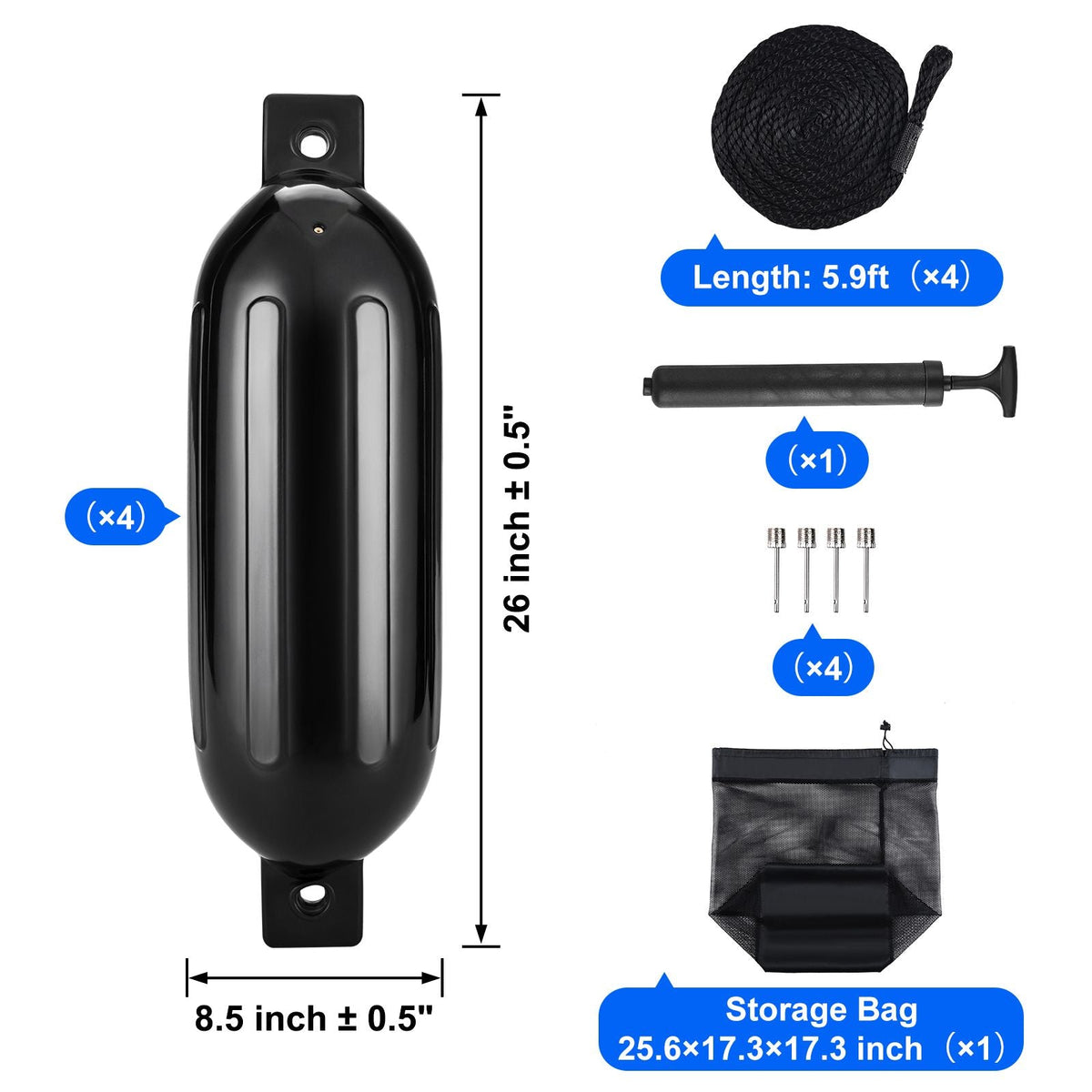 Boat Fenders, 8.5" x 26" Boat Bumpers for Docking, Inflatable Ribbed Fender with Center Holes, Marine Boat Dock Fender Bumper with Air Pump, 4 Needles and 4 Ropes and Storage Bag, Black