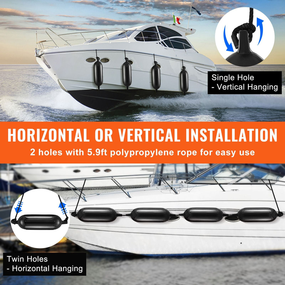 Boat Fenders, 8.5" x 26" Boat Bumpers for Docking, Inflatable Ribbed Fender with Center Holes, Marine Boat Dock Fender Bumper with Air Pump, 4 Needles and 4 Ropes and Storage Bag, Black